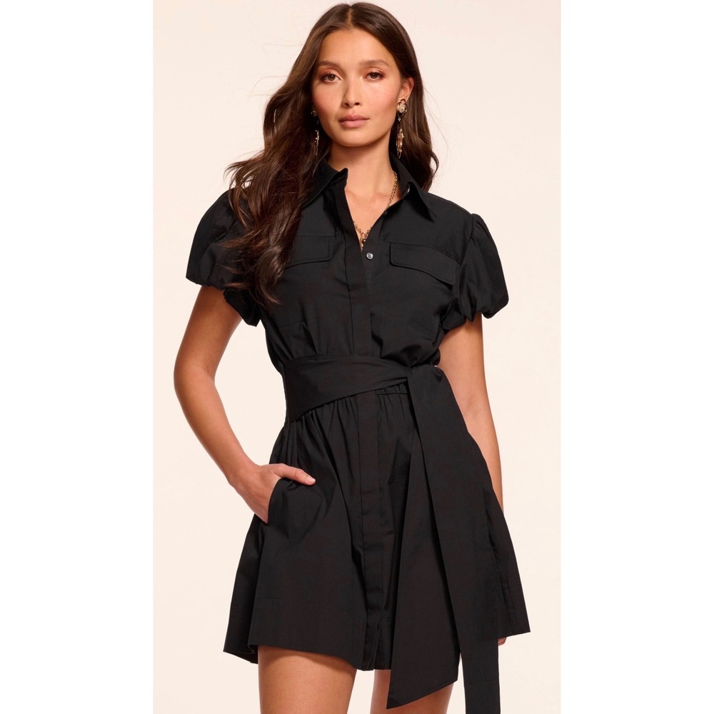 Ramy Brook Nicky Black Cotton Poplin Puff Sleeve Mini Shirtdress Womens Size M